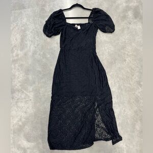 Lace Puff Sleeve Black Midi Dress